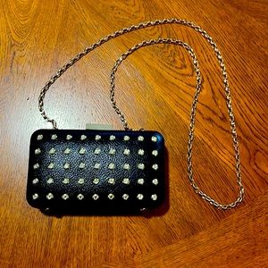 Lorren Bell black clutch with gold/crystal studs and gold chain strap